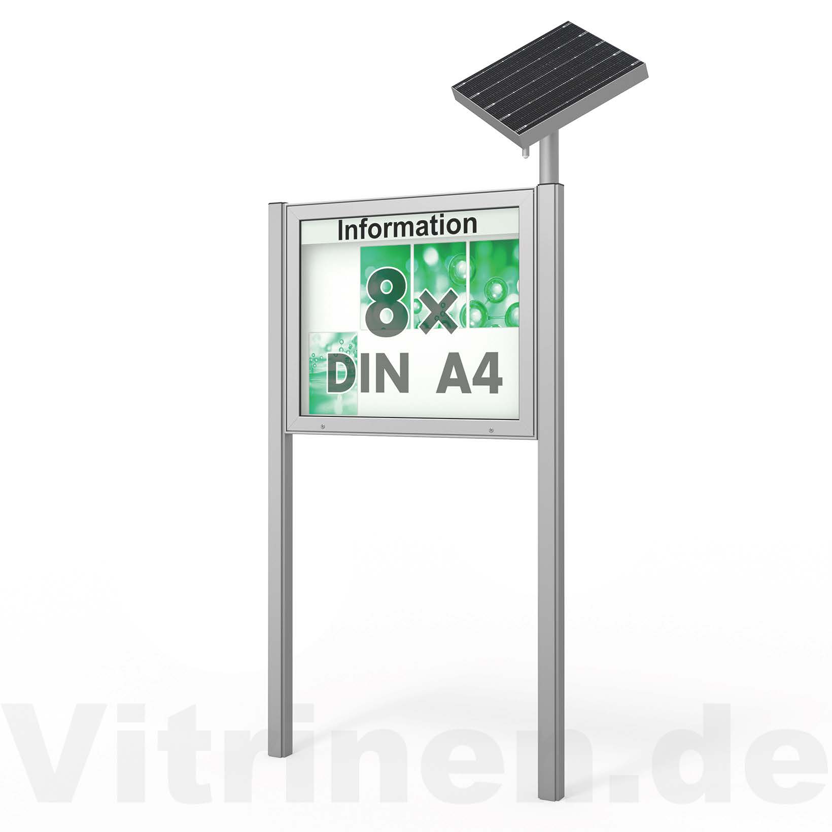 8 x DIN A4 Schaukasten Plenum eckig - der "Klassiker" mit Solar-Modul und Pfosten - Bautiefe 210mm