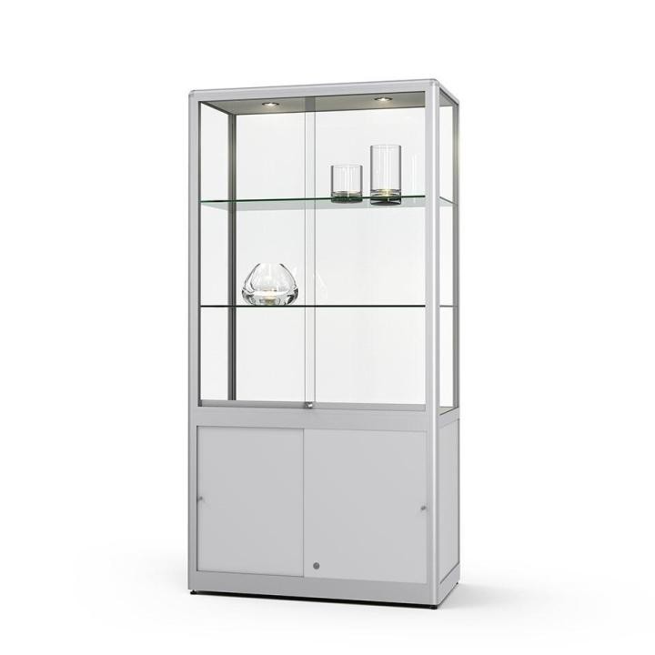 Glasvitrine-mit-Unterschrank-Breite-1020-mm-Profile-gerundet Glasvitrine mit Unterschrank
